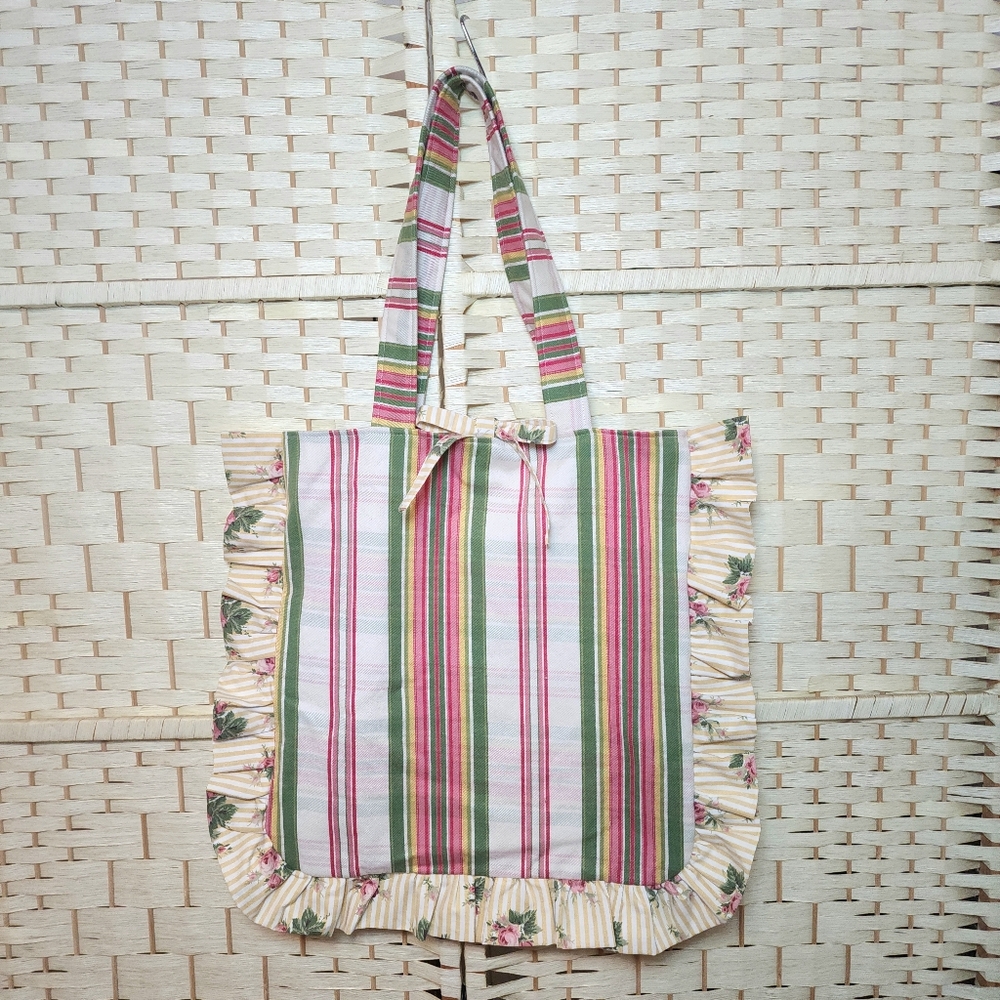Handmade Vintage Twill Ruffle Tote Bag Fully Lined With Inner Pocket